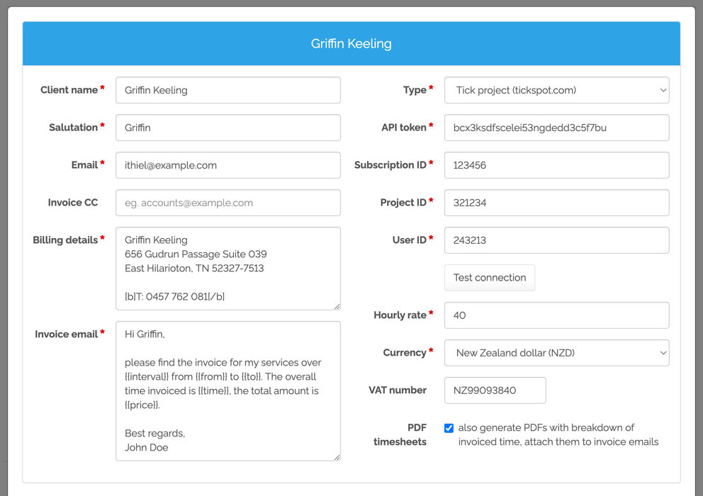 Client configuration page