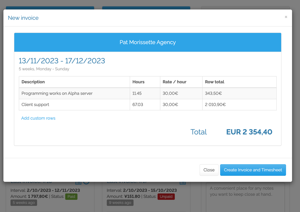 Create new invoice modal